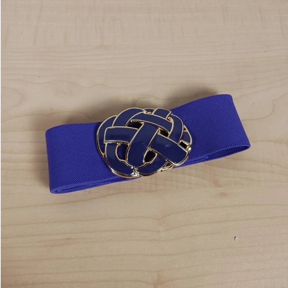 Dia-Lon Vintage Cinch Belt Womens Purple Gold Tone Enamel Knot Buckle Elastic